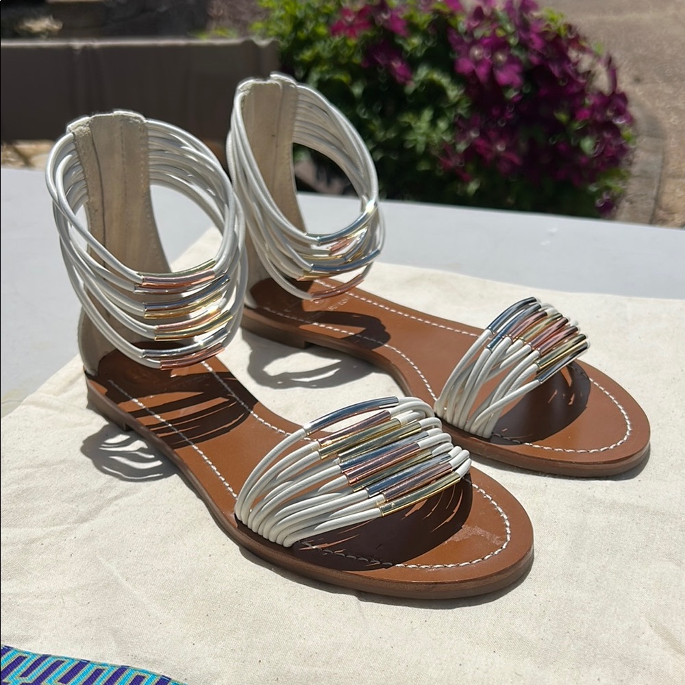 Tory Burch White and Silver Sandals with Elegant Straps